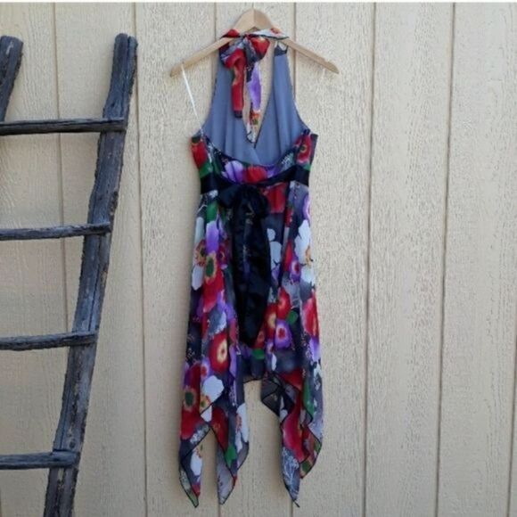 90's Anime Vibrant Poppy Floral Halter Dress Colorful SharkBite Hem Satin Tie - Picture 7 of 8